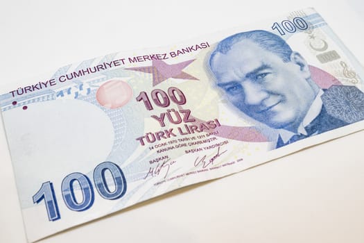 close up turkish lira banknotes on background