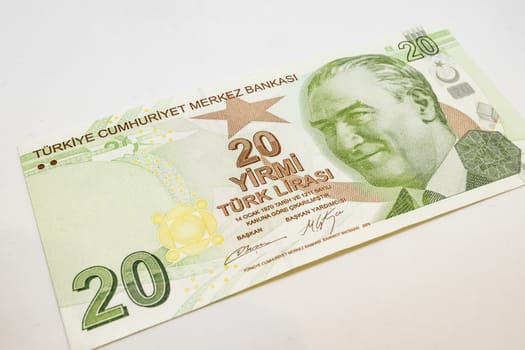 close up turkish lira banknotes on background