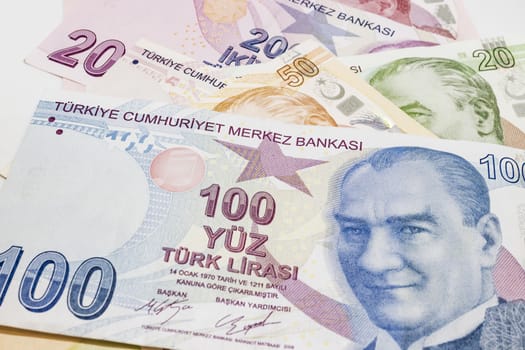 close up turkish lira banknotes on background