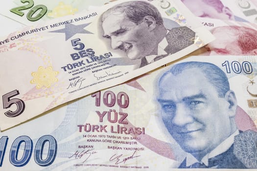 close up turkish lira banknotes on background