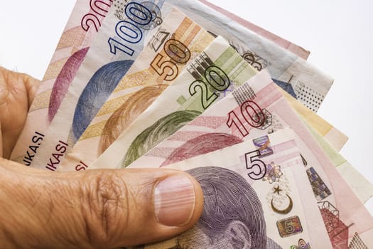 close up turkish lira banknotes on background
