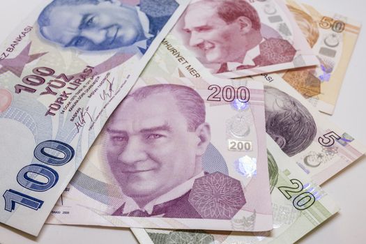 close up turkish lira banknotes on background