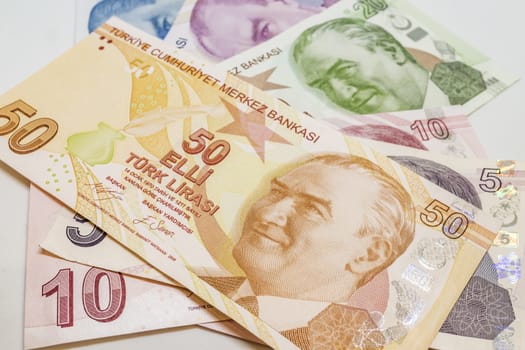close up turkish lira banknotes on background