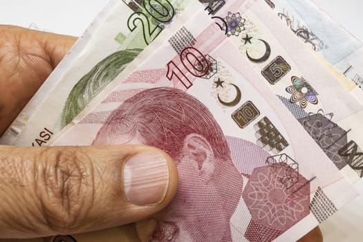 close up turkish lira banknotes on background