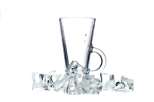 glass of fresh clear water with ice on white background