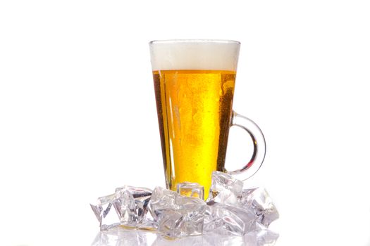 fresh cold beer with ice and foam and water drops