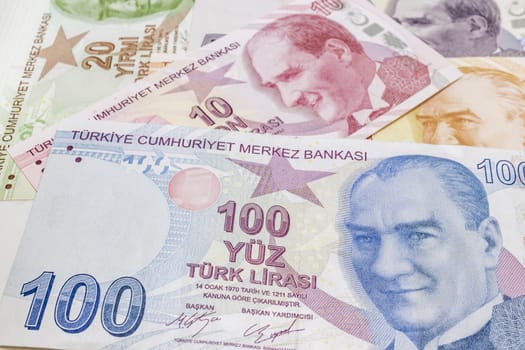 close up turkish lira banknotes on background