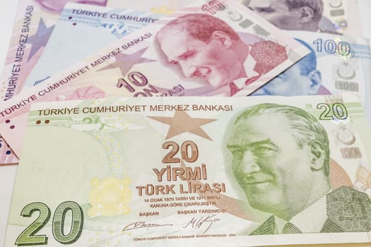 close up turkish lira banknotes on background
