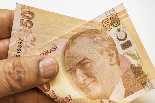 close up turkish lira banknotes on background