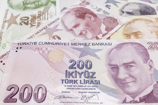 close up turkish lira banknotes on background