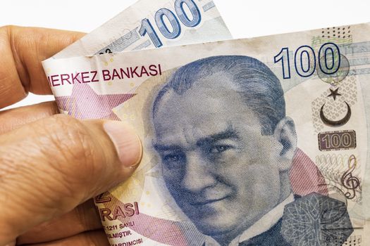 close up turkish lira banknotes on background