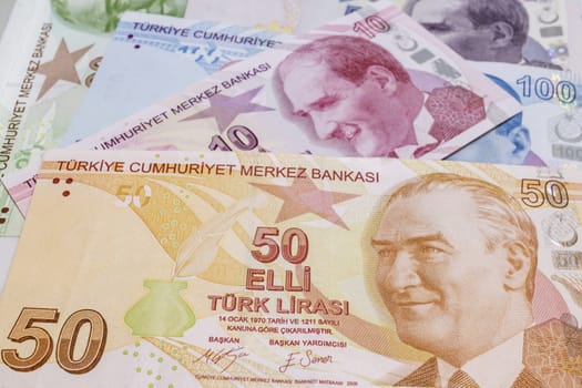 close up turkish lira banknotes on background