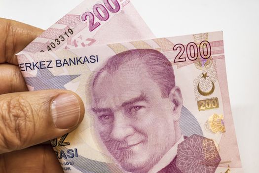 close up turkish lira banknotes on background