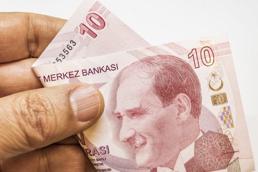 close up turkish lira banknotes on background