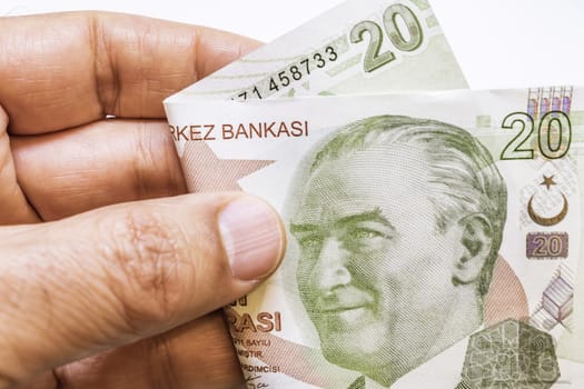 close up turkish lira banknotes on background