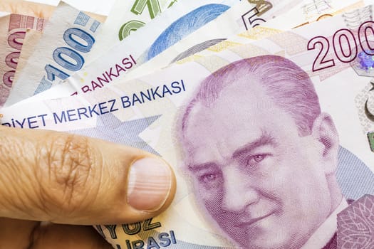close up turkish lira banknotes on background