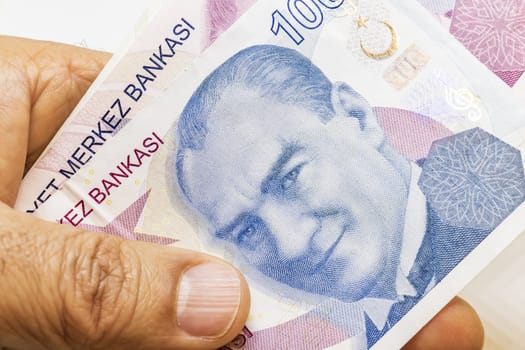 close up turkish lira banknotes on background