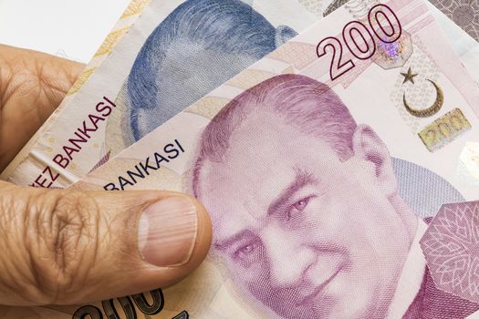 close up turkish lira banknotes on background