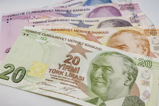 close up turkish lira banknotes on background