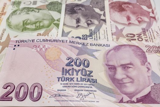 close up turkish lira banknotes on background