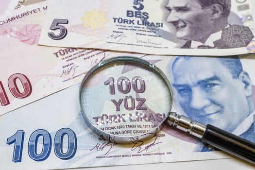 close up turkish lira banknotes on background