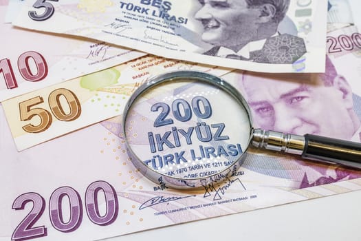 close up turkish lira banknotes on background