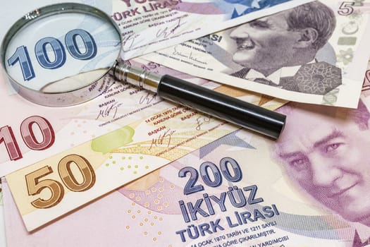 close up turkish lira banknotes on background