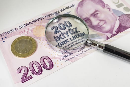 close up turkish lira banknotes on background