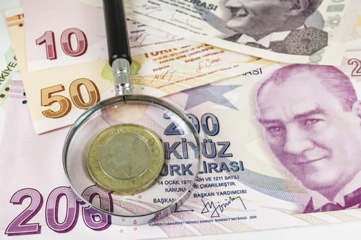 close up turkish lira banknotes on background