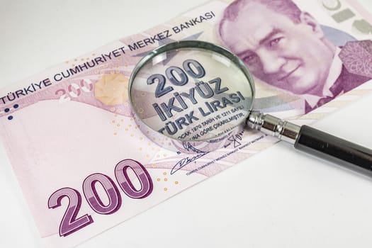 close up turkish lira banknotes on background