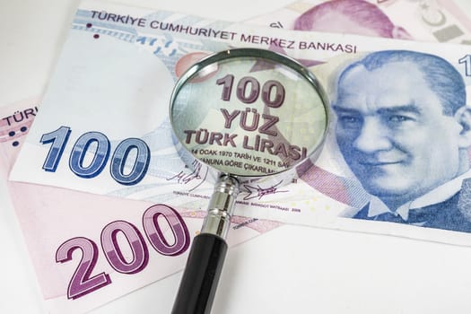 close up turkish lira banknotes on background