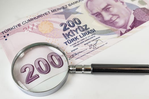close up turkish lira banknotes on background