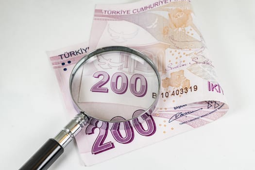 close up turkish lira banknotes on background