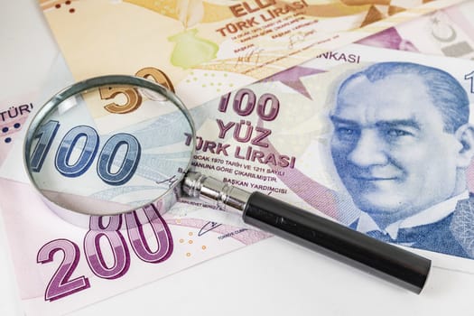 close up turkish lira banknotes on background