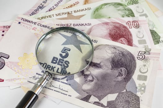 close up turkish lira banknotes on background