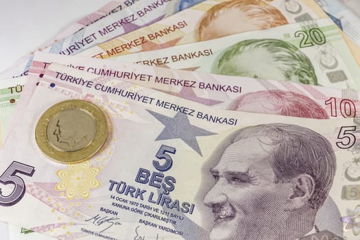close up turkish lira banknotes on background