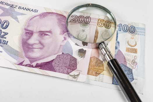 close up turkish lira banknotes on background
