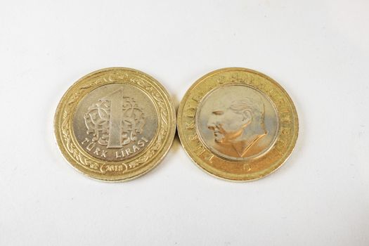 close up turkish metal coins on background