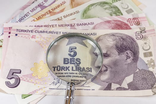 close up turkish lira banknotes on background