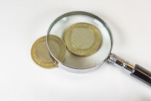 close up turkish metal coins on background