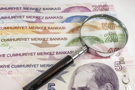 close up turkish lira banknotes on background