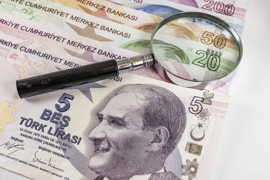 close up turkish lira banknotes on background