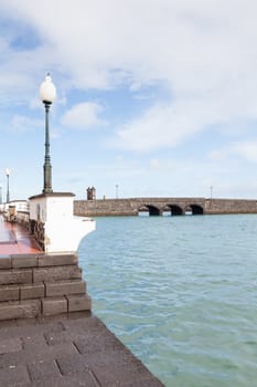 The view from Arrecife waterfront looking towards a bridge, on the island of Lanzarote.