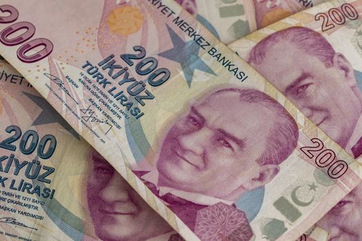 close up turkish lira banknotes on background