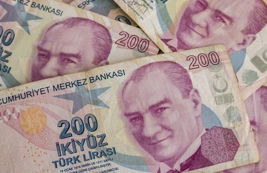 close up turkish lira banknotes on background