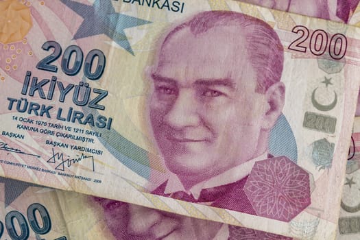close up turkish lira banknotes on background
