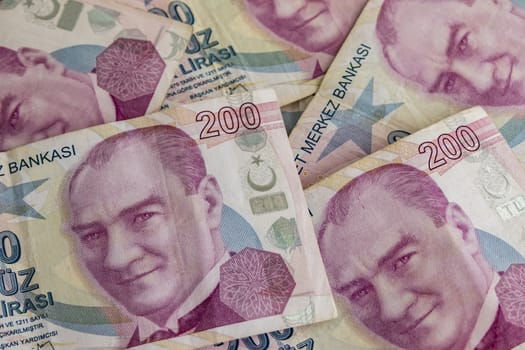 close up turkish lira banknotes on background