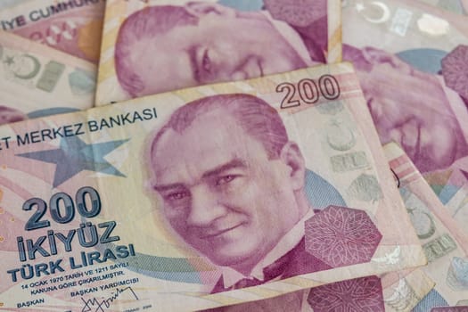close up turkish lira banknotes on background
