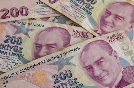 close up turkish lira banknotes on background