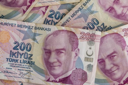 close up turkish lira banknotes on background